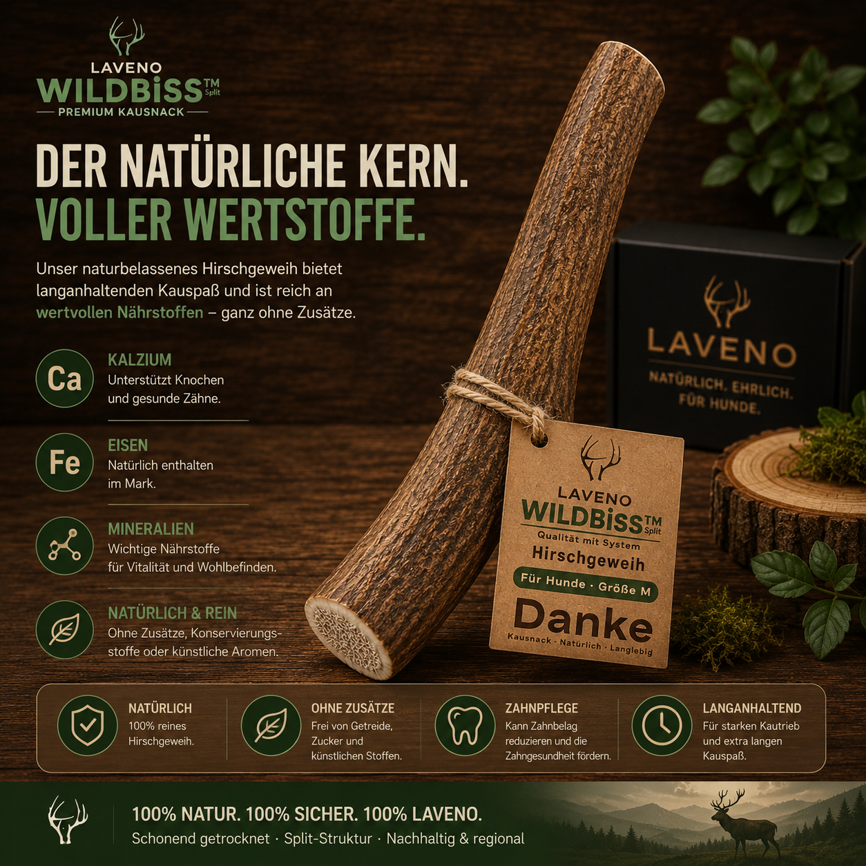 Hirschgeweih ganz Kaugeweih Größe M | 80-100 g Laveno WildBiss™
