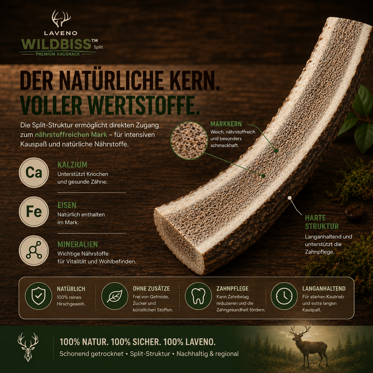 Laveno WildBiss™ Hirschgeweih geteilt Kaugeweih  Größe M | 50-80 g